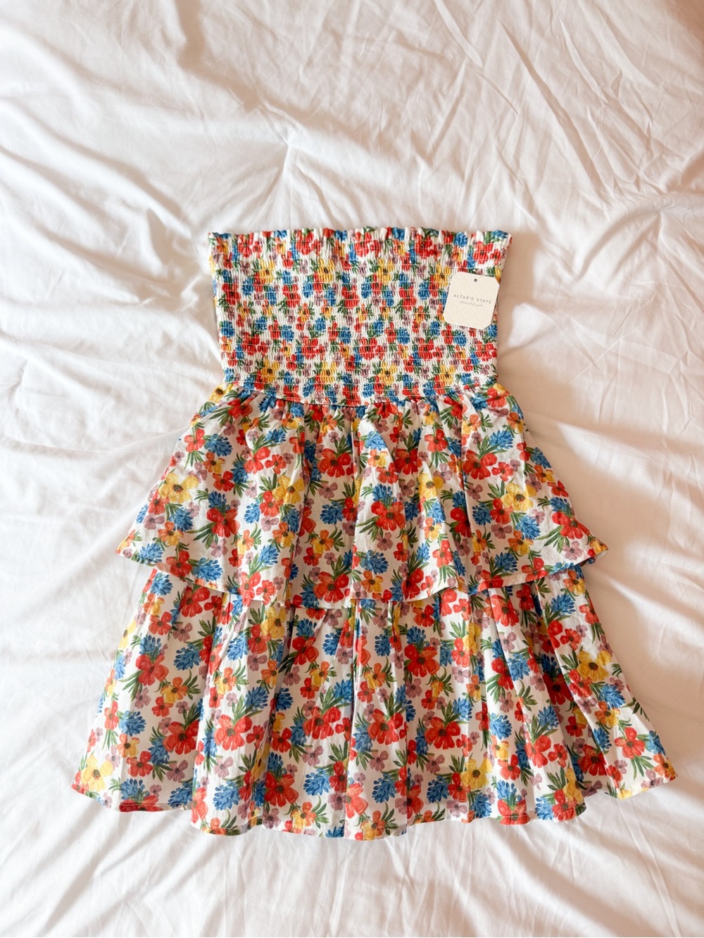 Altar’d State Floral Multi Strapless Smocked Tiered Mini Dress Size XXS